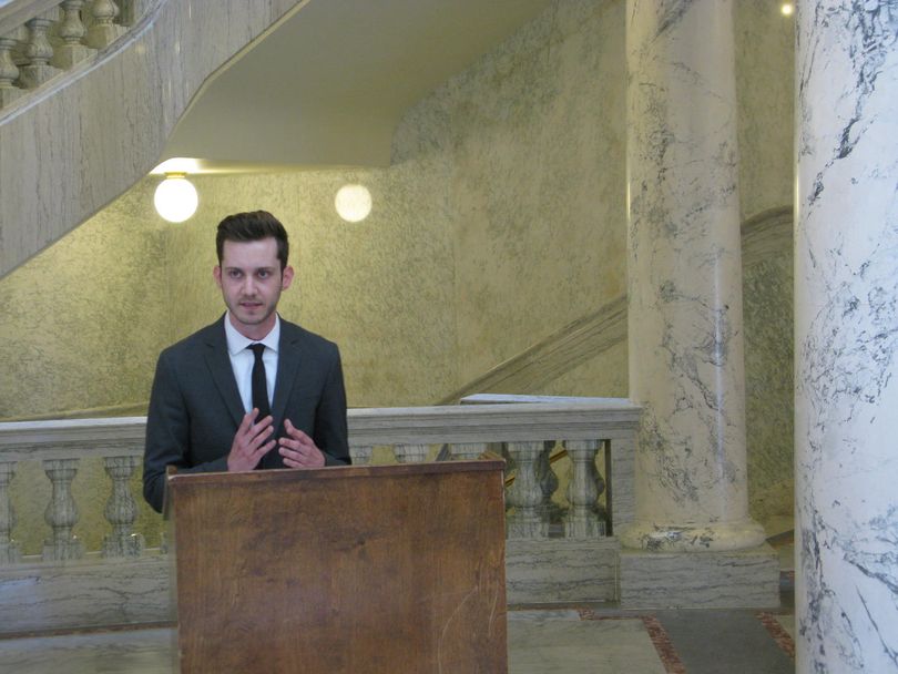 Jordan Brady, research director for Better Idaho, speaks at a Capitol news conference on Thursday (Betsy Z. Russell)
