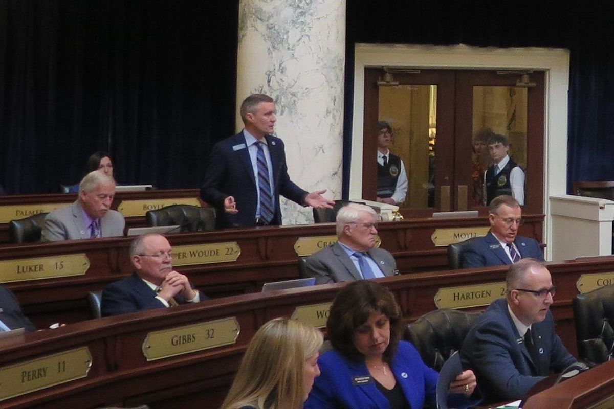 Rep. Brent Crane, R-Nampa, the Idaho House assistant majority leader, argues in favor of “Marsy’s Law for Idaho,” a crime victim rights amendment to the Idaho Constitution, on Monday, March 5, 2018. Crane was the measure’s lead House sponsor. Though it drew a 42-28 vote, that wasn’t enough passed; it needed 47 “yes” votes to reach the required two-thirds margin for a constitutional amendment. (Betsy Z. Russell / The Spokesman-Review)