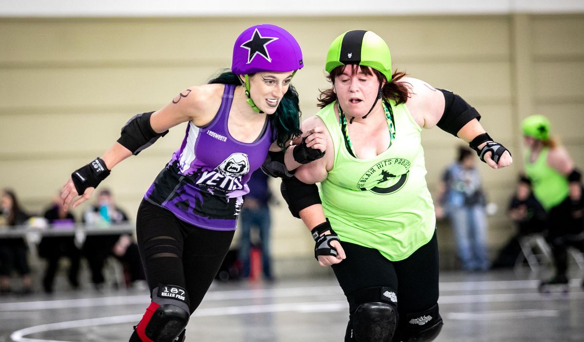 Karleen Parks, otherwise known as Thorn Hub, of Lilac City clashes against Dovie Sigle, who skates as Sith Amendment, of the exhibition team Blair Hits Project during a roller derby bout on Jan. 5, 2019 at the Spokane County Fair and Expo Center in Spokane Valley, Wash. The game occurred during the Spokane Health and Fitness Expo, and the Blair Hit Project beat the local Lilac City Roller Girls. (Libby Kamrowski / The Spokesman-Review)