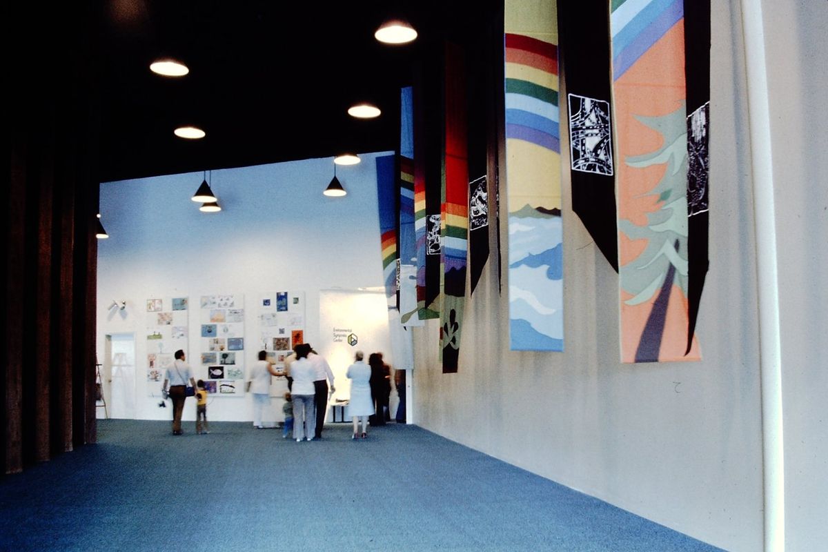 Louise Kodis was commissioned to create a set of banners for the Environmental Symposium Exhibit Hall, shown here as it was hung in 1974.  (Courtesy)