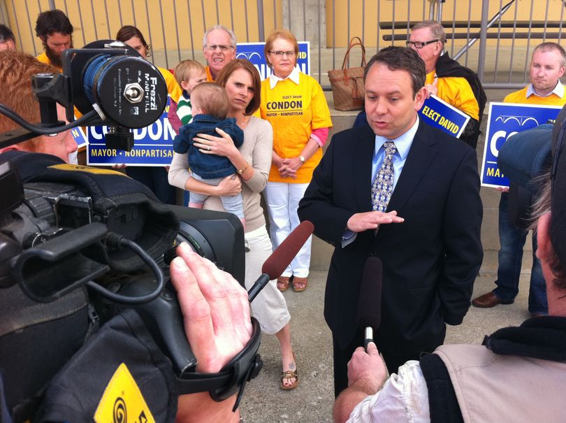 David Condon addresses the media on Wednesday, June 8, 2011 outside the Spokane County Elections Office shortly before filing to run for Spokane mayor. (Jonathan Brunt)