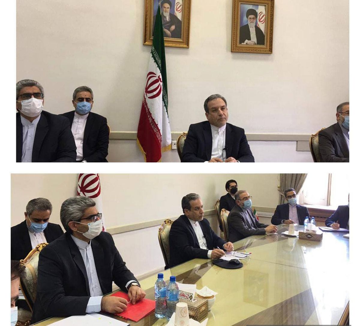 This combined photo released by the Iranian Foreign Ministry, shows Iranian diplomats attending a virtual talk on nuclear deal with representatives of world powers, in Tehran, Iran, Friday, April 2, 2021. The chair of the group including the European Union, China, France, Germany, Russia, Britain and Iran said that the participants "emphasized their commitment to preserve the JCPOA and discussed modalities to ensure the return to its full and effective implementation," according to a statement after their virtual meeting, referring to the acronym for the accord — the Joint Comprehensive Plan of Action. Abbas Araghchi, center, heads the Iranian diplomats. (HOGP)