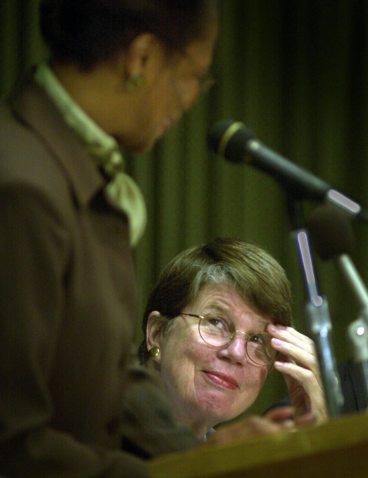 Attorney General Janet Reno smiles at Roberta Greene during opening remaks of a NDDA Convention in Spokane in June 2000. (Brian Plonka / The Spokesman-Review)