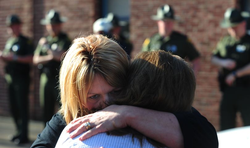 Michelle McKinney hugs her aunt, Jeanie Sanger, in Whitesville, W.Va. on Tuesday, April 6, 2010 as they talked to reporters about McKinney's father and Sanger's brother, Benny Willingham, who was among those killed in an explosion at Massey Energy Co.'s Upper Big Branch mine. (Andrew Russell / Tribune Review)