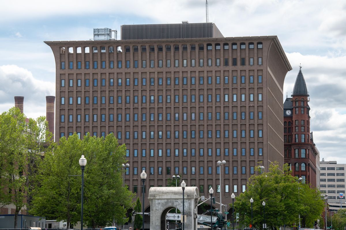 The Thomas S. Foley United States Courthouse, aka the federal building, recently passed 50 years of age and will be considered for the National Register of Historic Places. Shown Tuesday, May 21, 2019. The designer of the building created the flaring cornice of the building to complement the spire of the Review Tower across the street. (Jesse Tinsley / The Spokesman-Review)
