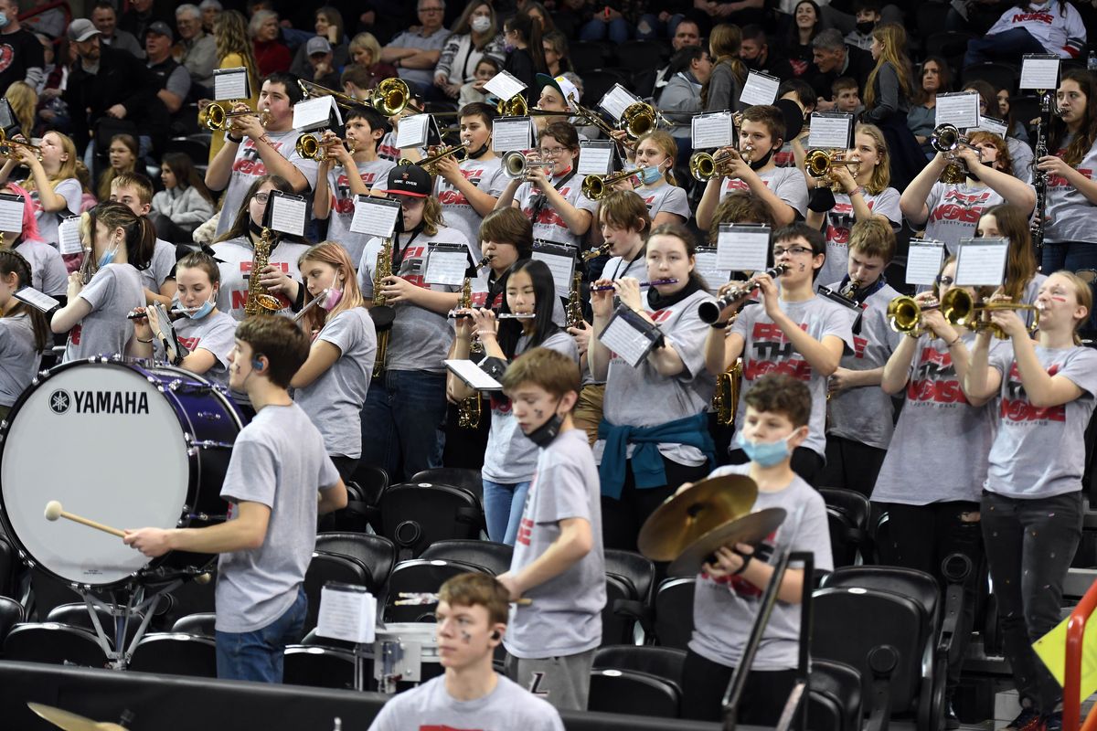 Liberty’s band performs during a timeout, Thursday, March 3, 2022, in the Spokane Arena. Liberty won the game against Chief Leschi 59-29.  (COLIN MULVANY/THE SPOKESMAN-REVIEW)