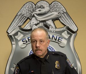 In this 2014 SR file photo, Spokane Police Chief Frank Straub answers questions about the arrest of a murder suspect during a press briefing at the Public Saftey Building. (Dan Pelle / SR file photo)