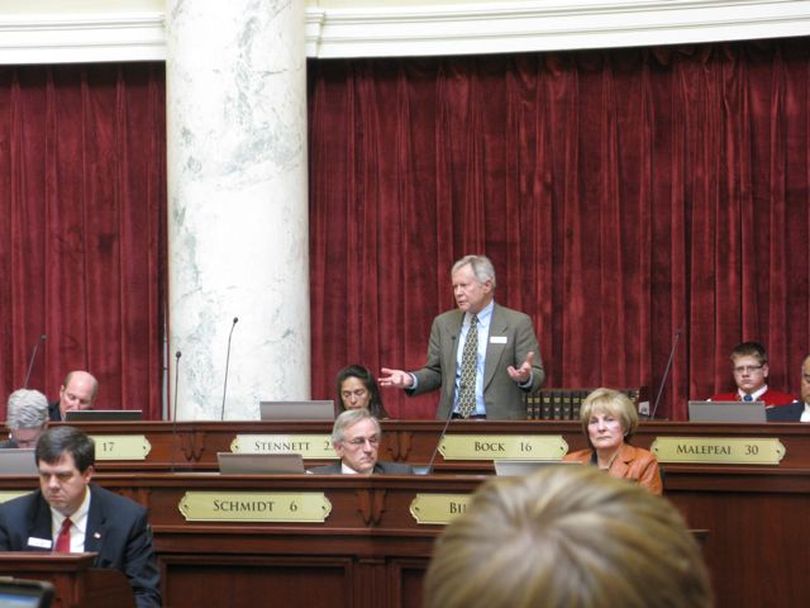 Sen. Les Bock, D-Boise, speaks out in the Senate Thursday against new Senate ethics rules that would make the Senate's ethics committee process secret unless a bipartisan committee finds by a majority vote that there's probable cause a violation occurred. (Betsy Russell)