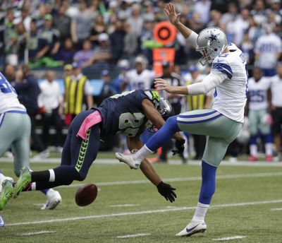 Seattle Seahawks Doug Baldwin, who blocked a punt against Dallas on Sunday, was critical of the Seahawks offense in a postgame rant.  (Associated Press)