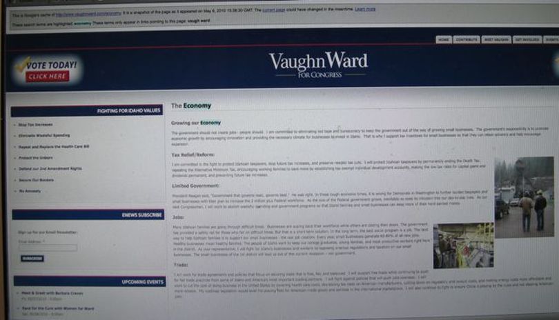 This screen shot shows how some of congressional candidate Vaughn Ward's position statements appeared on his website on Thursday morning. (Betsy Russell)