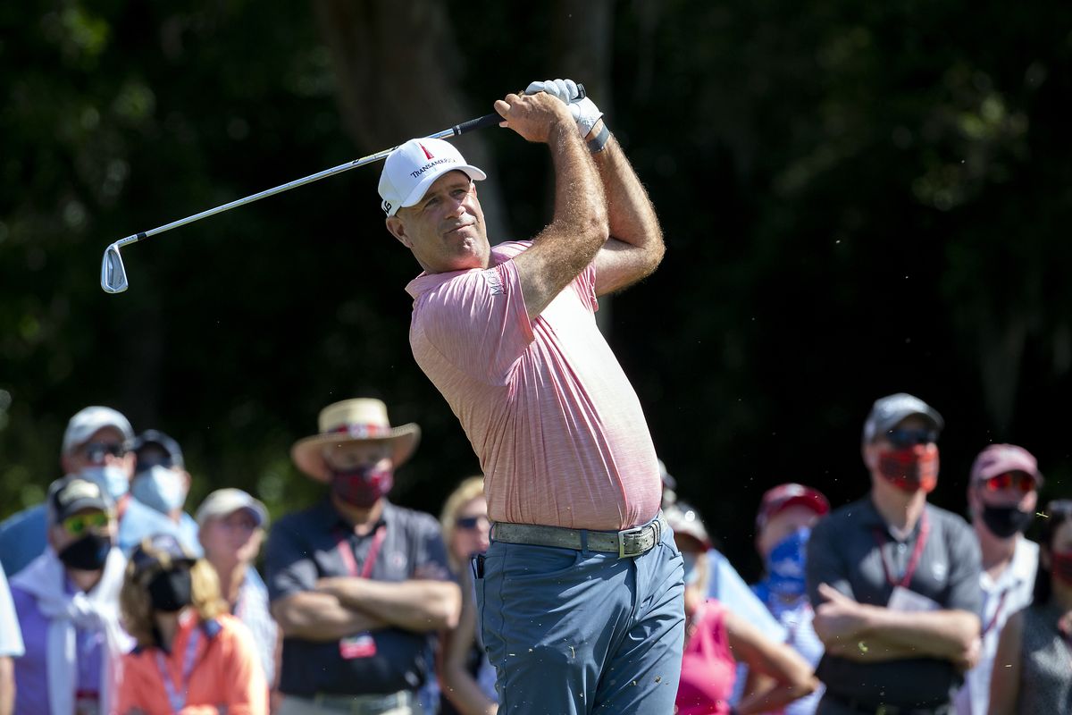 Stewart Cink eyes his drive off the ninth tee during the third round of the RBC Heritage golf tournament in Hilton Head Island, S.C., Saturday, April 17, 2021.  (Associated Press)