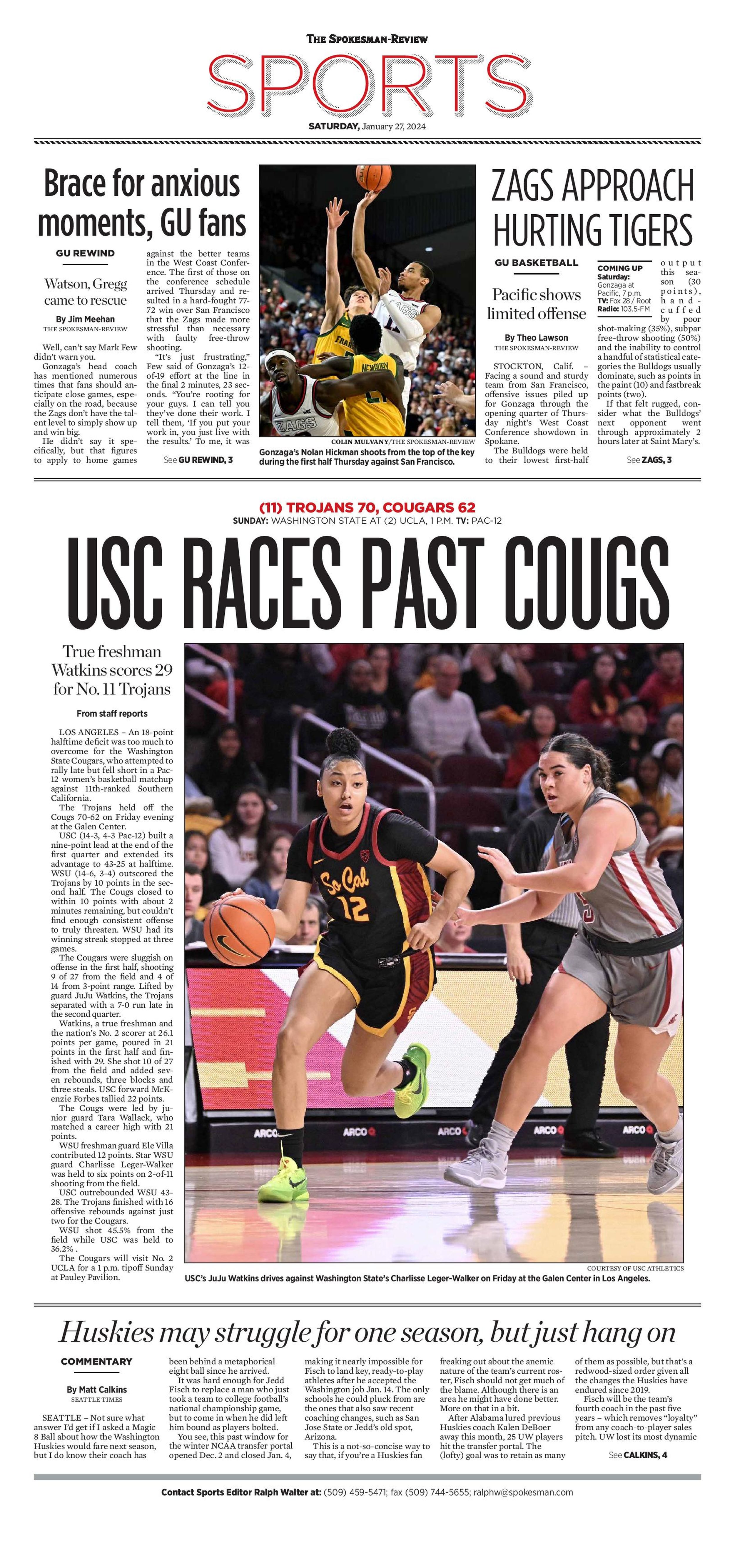 Sports Front Page for Jan. 27, 2024 The SpokesmanReview