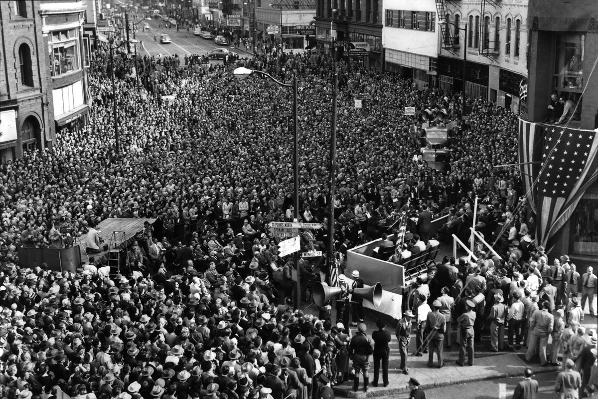 1952: Speaking from the bed of a truck parked in front of The Spokesman-Review offices, Democratic presidential candidate Adlai Stevenson speaks on the corner of Riverside Avenue and Monroe Street on Oct.15, 1952, in downtown Spokane. The Spokesman-Review newspaper estimated the crowd between 12,500 and 15,000 people at the speech. Stevenson hoped to succeed President Harry Truman but lost to Dwight Eisenhower in 1952 and again in 1956.  (SPOKESMAN-REVIEW PHOTO ARCHIVES)