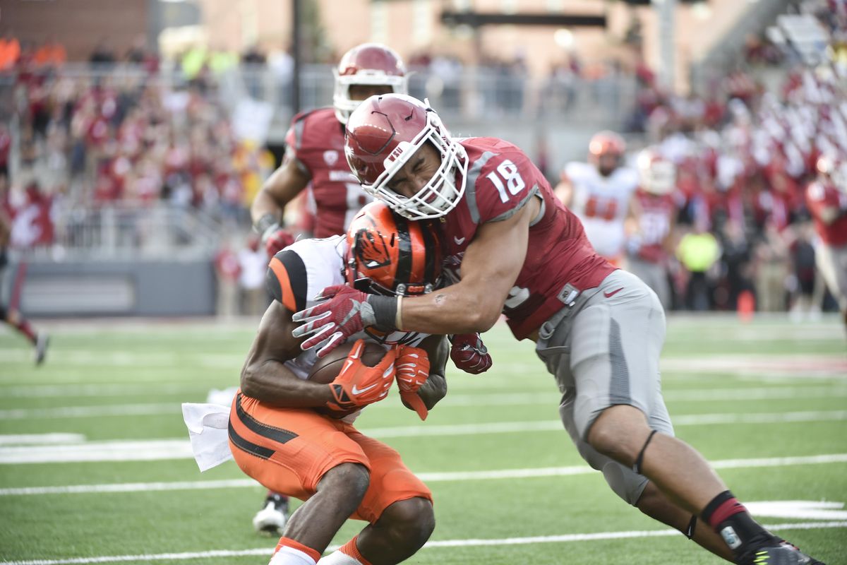 In this Saturday, Oct. 17, 2015 file photo, Washington State safety Shalom Luani (18) hits Oregon State’s Victor Bolden (6) during the second half of a Pac-12 college football game at Martin Stadium in Pullman. WSU won the game 52-31. (Tyler Tjomsland / The Spokesman-Review)