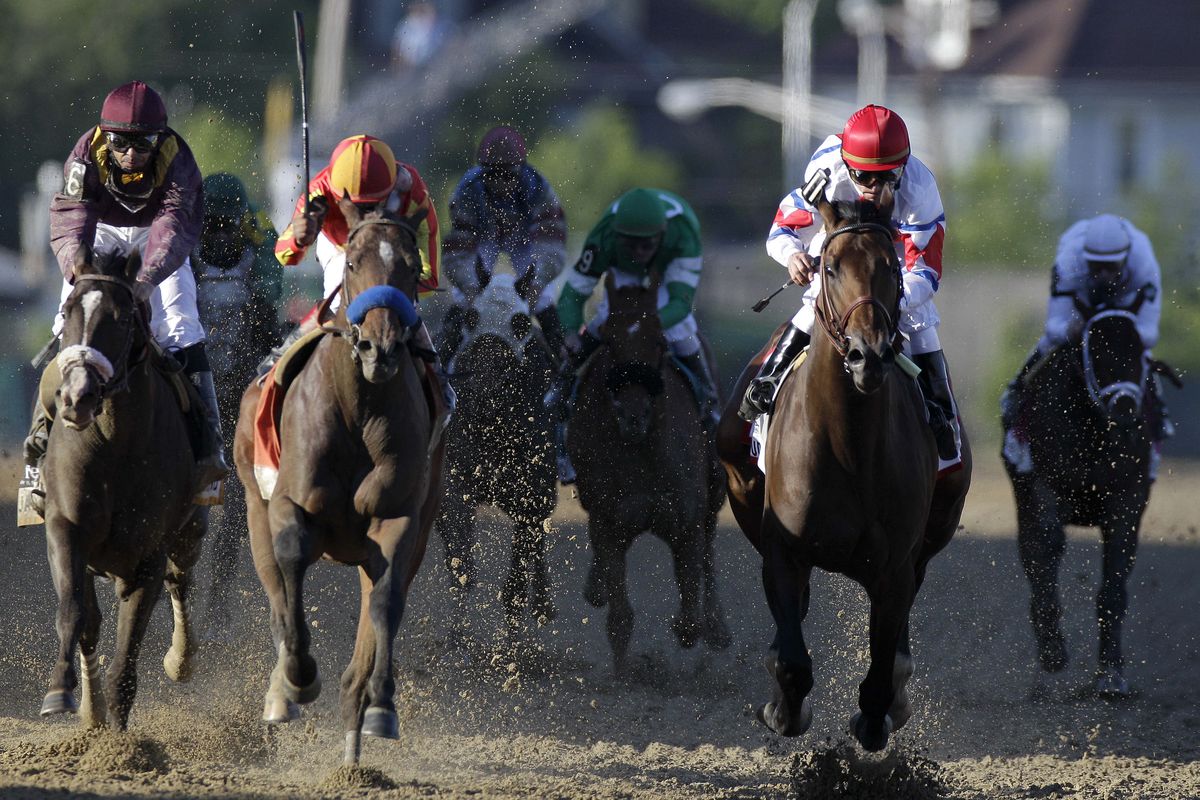 Lookin At Lucky, second from left, wins the Preakness ahead of First Dude, second from right, and third-place Jackson Bend, left. (Associated Press)