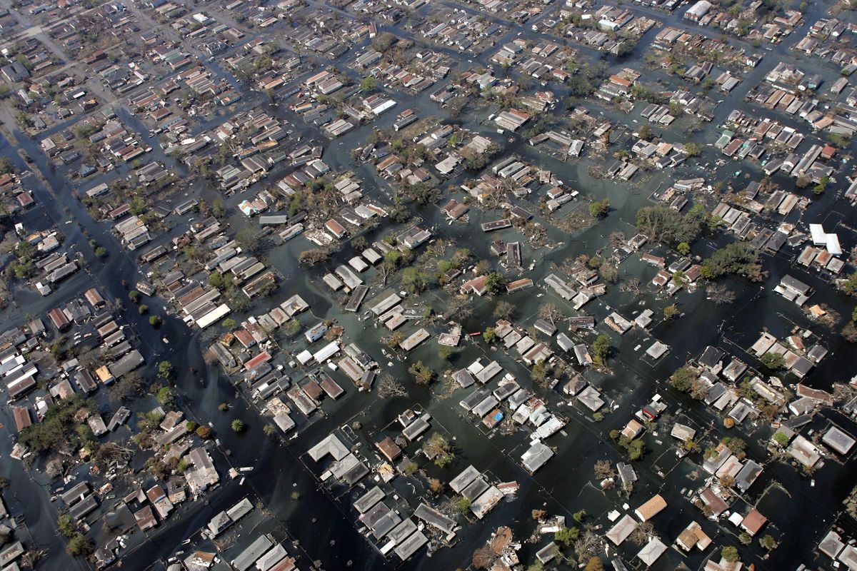 Homes remain surrounded by floodwaters in the aftermath of Hurricane Katrina on Sept. 11, 2005, in New Orleans. Some experts are concerned that Hurricane Florence could inflict damage comparable to 2005s Hurricane Katrina in a part of the country that is famously difficult to evacuate, months after disaster planners simulated a Category 4 Hurricane strike alarmingly similar to the real-word scenario now unfolding on a stretch of the East Coast. (David J. Phillip / Associated Press)