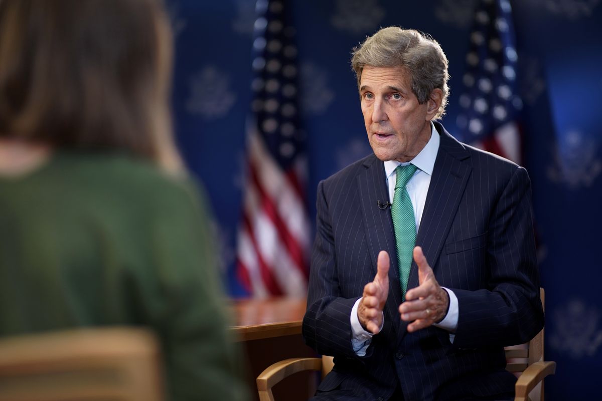 John Kerry, United States Special Presidential Envoy for Climate, speaks during an interview with the Associated Press, Wednesday, Oct. 13, 2021, at the U.S. State Department in Washington.  (Patrick Semansky)