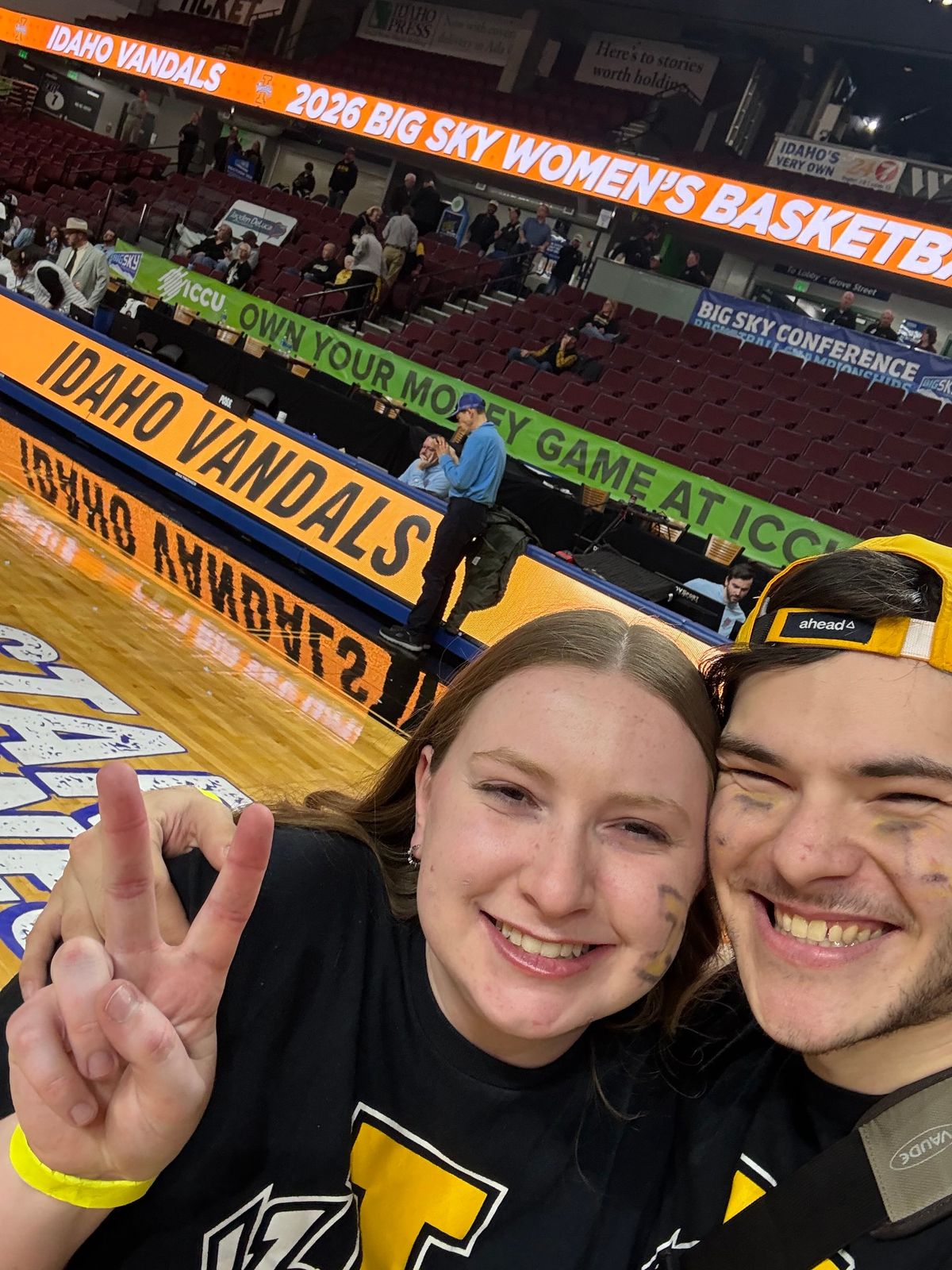 Sierra and Jesse Harlan, two seniors in the Vandal band, pose for a selfie after performing at a University of Idaho basketball game. Photo submitted by Sierra and Jesse Harlan.  