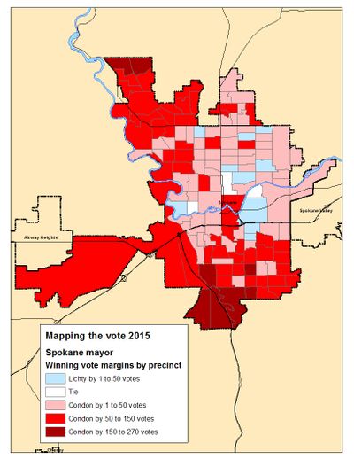 This is a map of the Spokane mayor's race results on election night. (Jim Camden/Spokesman-Review)