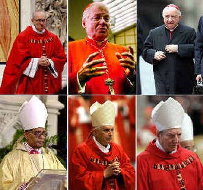 
Leading papal contenders include, from top left, clockwise: Argentine Cardinal Jorge Bergoglio, Italian Cardinal Angelo Scola, Italian Cardinal Dionigi Tettamanzi, Italian Cardinal Carlo Maria Martini, German Cardinal Joseph Ratzinger and Indian Cardinal Ivan Dias. 
 (Associated Press / The Spokesman-Review)