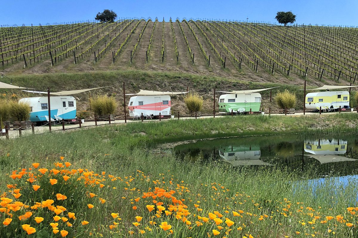 The rolling hills of Alta Colina winery in the Paso Robles wine country surround the Trailer Pond. (Leslie Kelly)