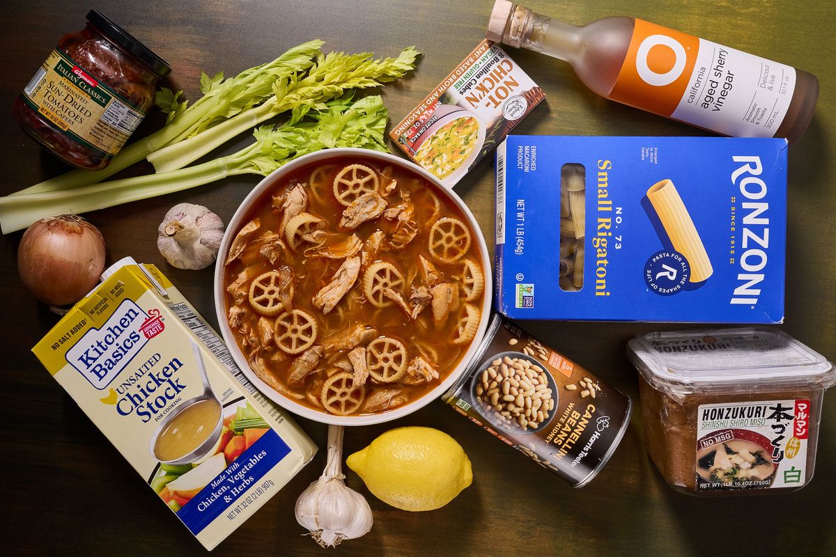 Even humble pantry ingredients can help you pull together a flavorful soup, such as French Onion Chicken Noodle Soup. (Photos by Marvin Joseph and food styling by Lisa Cherkasky/The Washington Post)