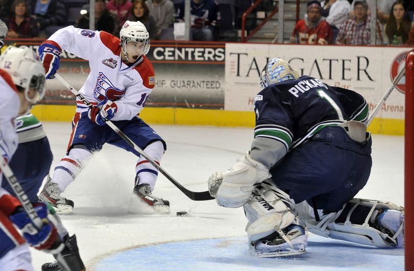 Mike Aviani scored earlier for Spokane, but missed this golden opportunity – as the Chiefs did often – against Seatte goalie Calvin Pickard. (Dan Pelle)
