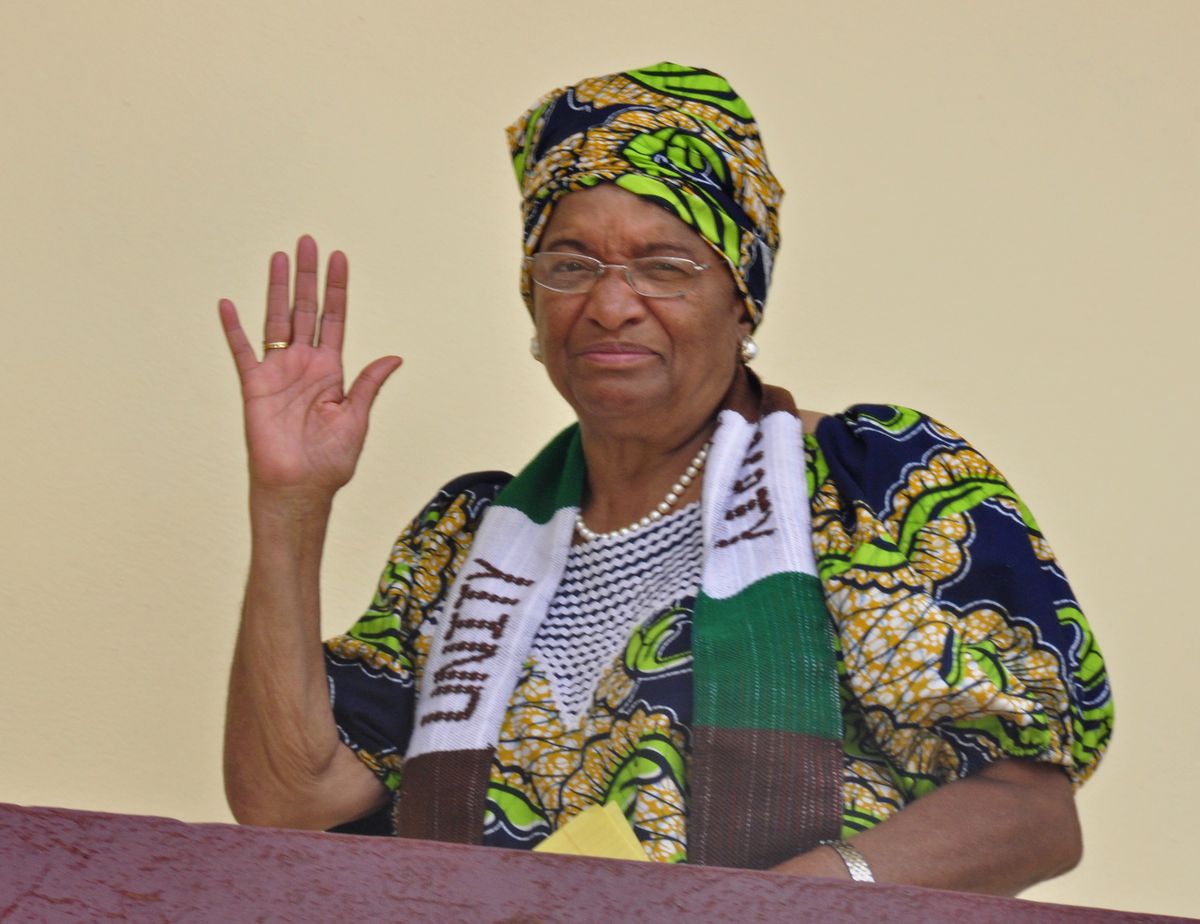 Liberian President Ellen Johnson Sirleaf waves at her home in the city of  Monrovia, Liberia, today. Africa
