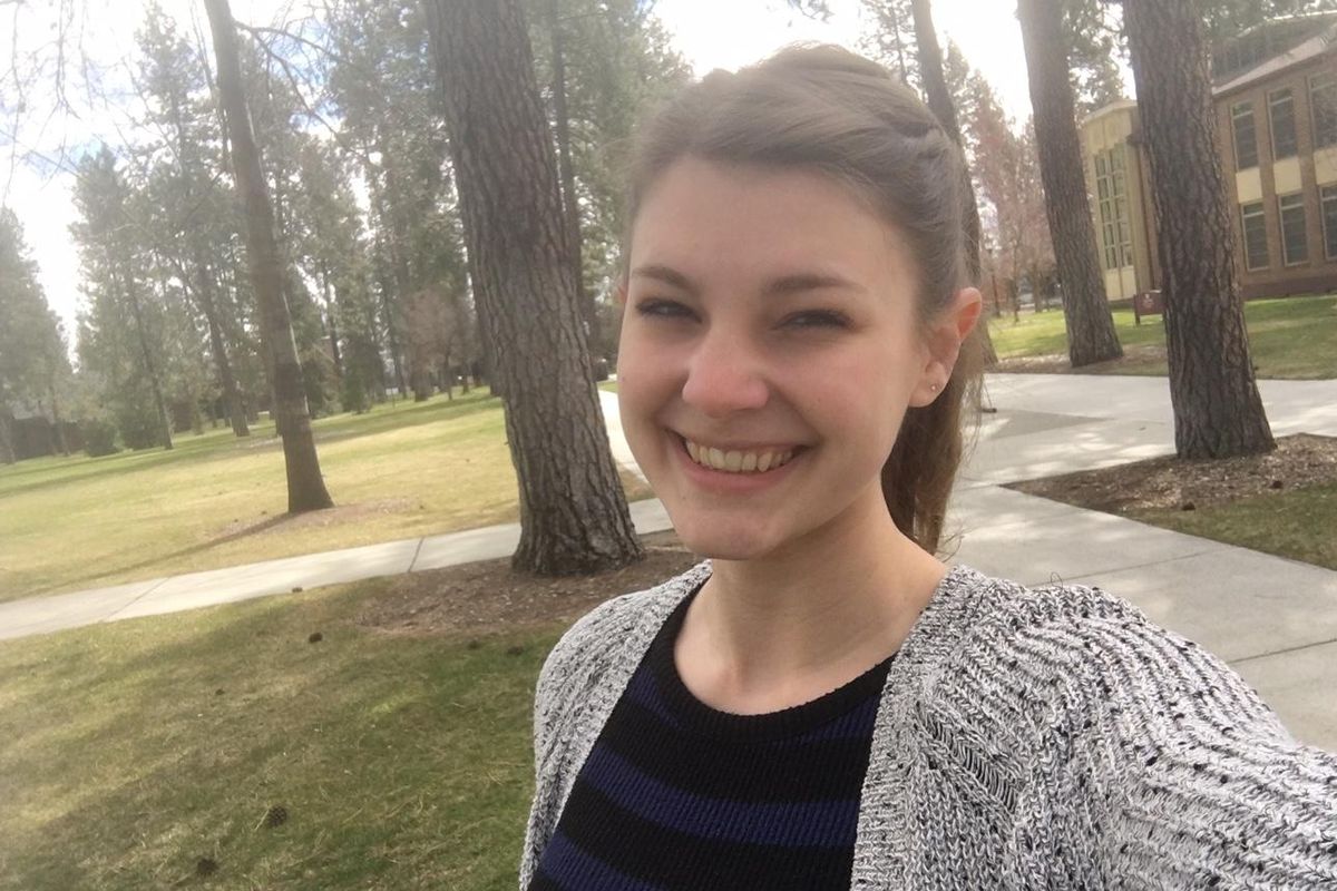 Iona Cairncross takes a selfie in front of Dixon Hall, where  classes are usually held on the Whitworth University campus in Spokane. (Iona Cairncross / Courtesy photo)
