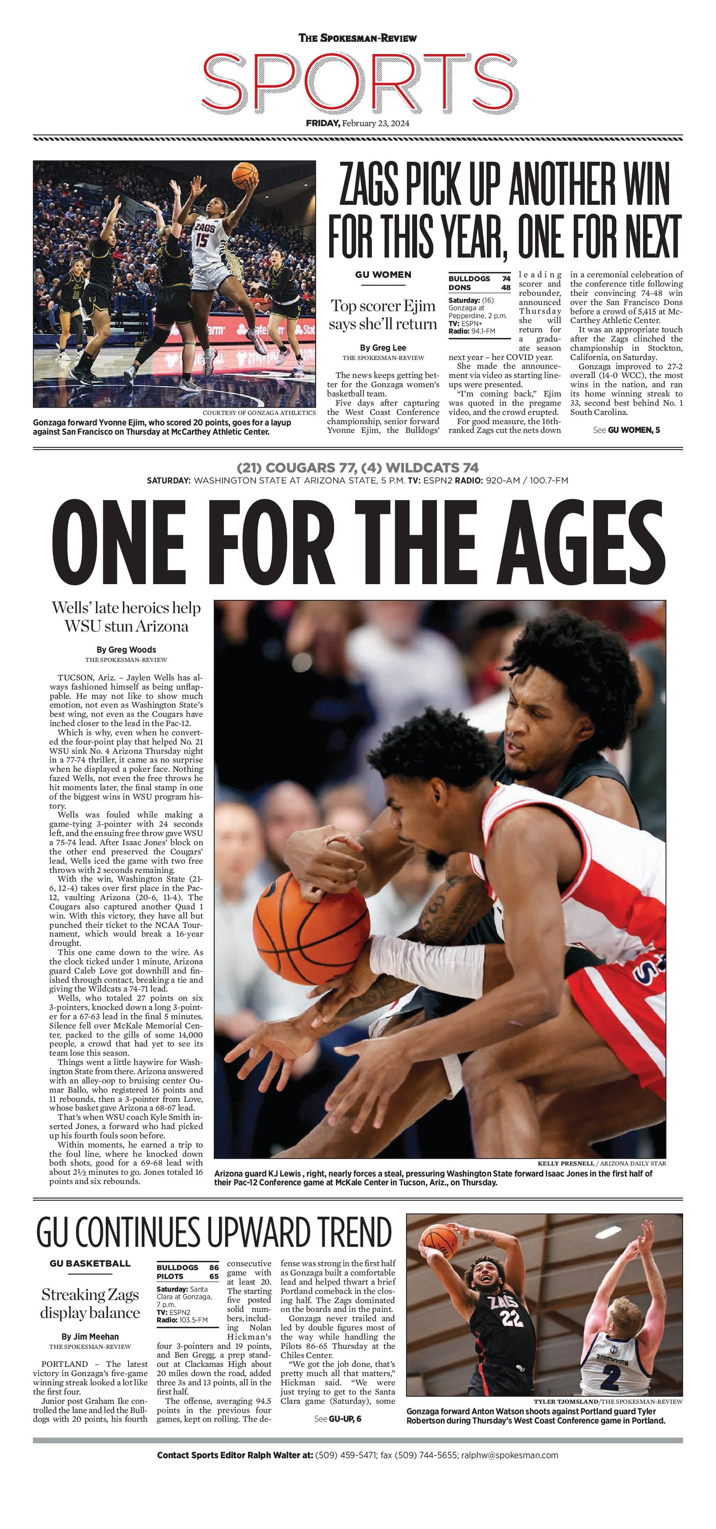 Sports Front Page For Feb. 23, 2024 | The Spokesman-Review