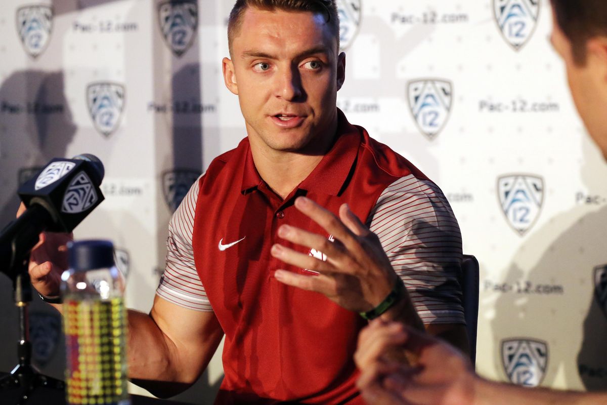 Washington State linebacker Parker Henry speaks at the Pac-12 NCAA college football media day in Los Angeles on Thursday. (Reed Saxon / Associated Press)