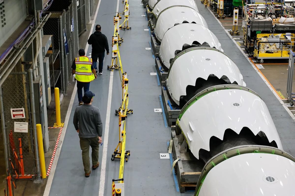 Engine coverings for the 737 Max aircraft on the floor on April 15 at the Boeing factory in Renton, Wash. (Jennifer Buchanan/Seattle Times)