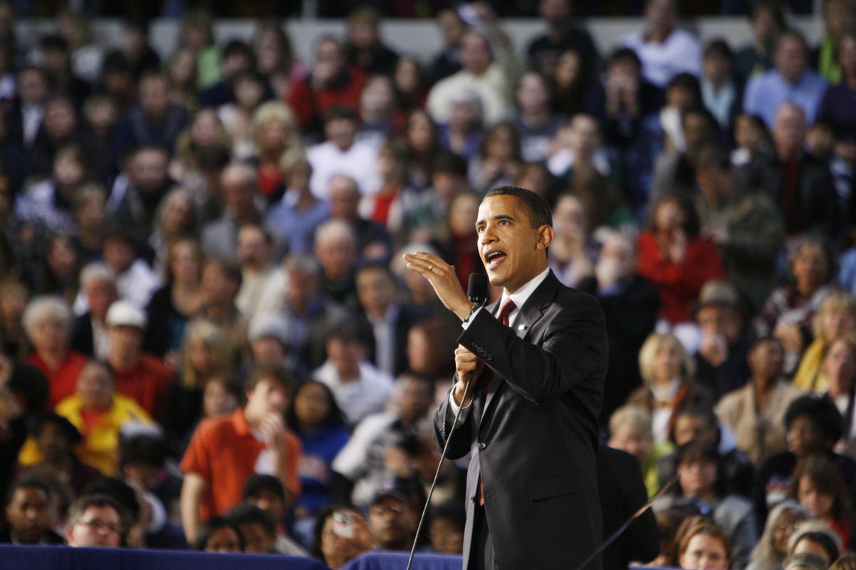 President Barack Obama holds a town hall-style meeting about the economic stimulus package Monday at Concord Community High School in Elkhart, Ind.  (Associated Press / The Spokesman-Review)