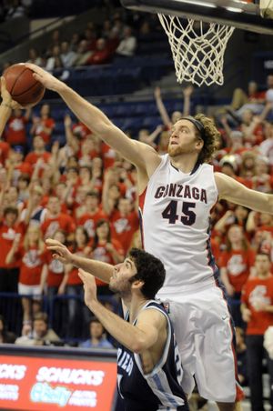 Gonzaga's Will Foster  (45) blocks a shot in the second half of play in McCarthey Athletic Center Sat. Feb. 13, 2010. (Colin Mulvany / The Spokesman-Review)