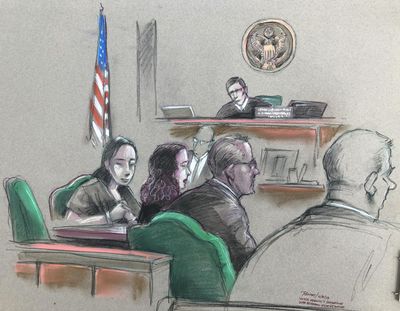 In this artist sketch, a Chinese woman, Yujing Zhang, left, listens to a hearing Monday, April 8, 2019, before federal Magistrate Judge William Matthewman in West Palm Beach, Fla. Secret Service agents arrested the 32-year-old woman March 30 after they say she gained admission by falsely telling a checkpoint she was a member and was going to swim. (via AP / Courtesy of Daniel Pontet)