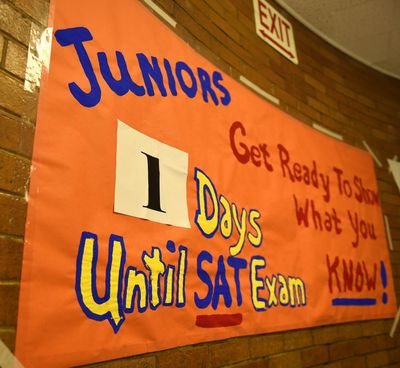 An SAT sign hangs in the hallway in April 2016 at Twin Falls High School. (Drew Nash / Times-News)