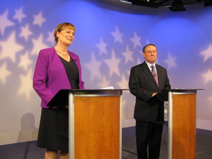 Deborah Silver, left, and Ron Crane debate on Thursday night on Idaho Public TV (Betsy Russell)