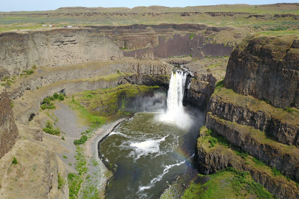 Palouse Falls drops into a deep gorge in rural Franklin County in this photo taken May 30, 2017. The remote scenic spot is a state park and popular stop for tourists, geologists and others interested in geographical features.  (JESSE TINSLEY/The Spokesman-Review)