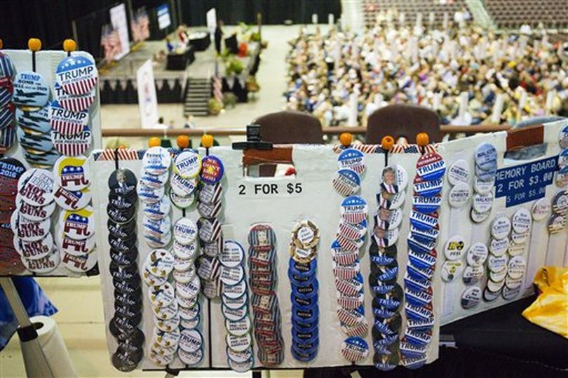 Trump campaign buttons and other items were offered for sale as Idaho Republicans held their state party convention at the Ford Idaho Center in Nampa, Idaho (AP / Otto Kitsinger)