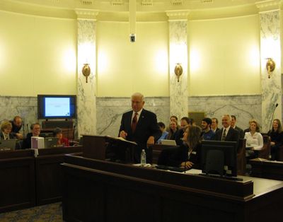Boise State University President Bob Kustra tells legislative budget writers about how BSU is being innovative to move ahead in the current economic downturn, a strategy he likened to the trick play - a faked punt - that the BSU Broncos used to win the Fiesta Bowl in dramatic fashion this year. Kustra made his budget pitch to lawmakers on Tuesday. (Betsy Russell)