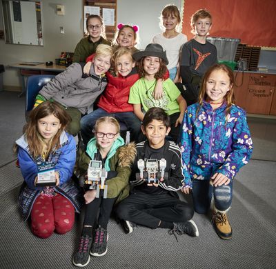 The Ness Elementary fourth-grade robotics team  won first place in innovative strategy at a recent competition. Left to right, front row: Audrey Grothe, 9, Emma Van Weerdhuizen, 9, Ethan Campos, 10, Callie Stanger, 10. Middle row, left to right, Evan McKenzie, 10, Isaiah Martinek,10, Oskar Derrickson,10. Back row, left to right, Emmery Fatzinger, 9, Lillian Farinacci, 10, Izzy Pence, 9, Aidan Hannawalt 10. (Colin Mulvany / The Spokesman-Review)