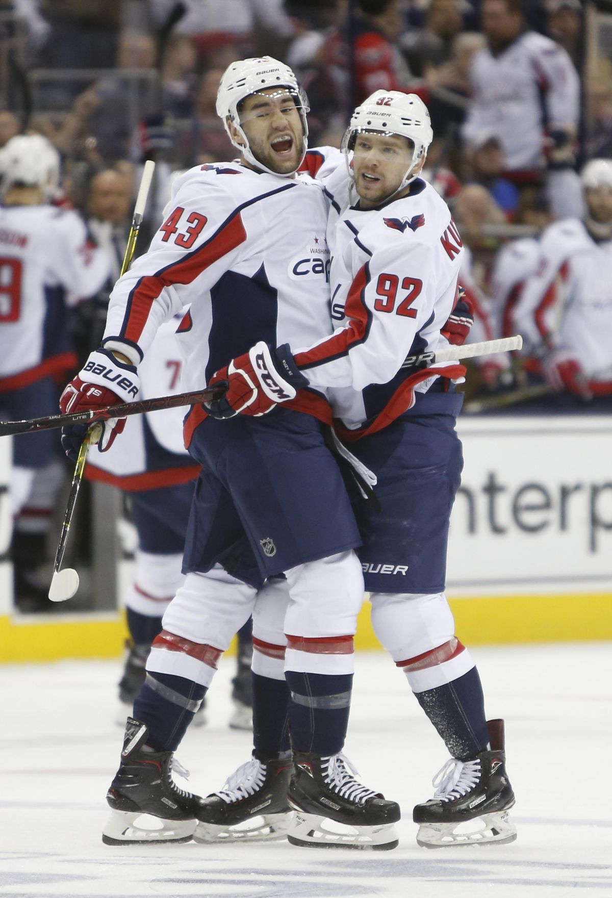 Washington Capitals’ Tom Wilson, left, celebrates his goal against the Columbus Blue Jackets with teammate Evgeny Kuznetsov, of Russia, during Game 4 of an NHL first-round hockey playoff series Thursday, April 19, 2018, in Columbus, Ohio. (Jay LaPrete / Associated Press)