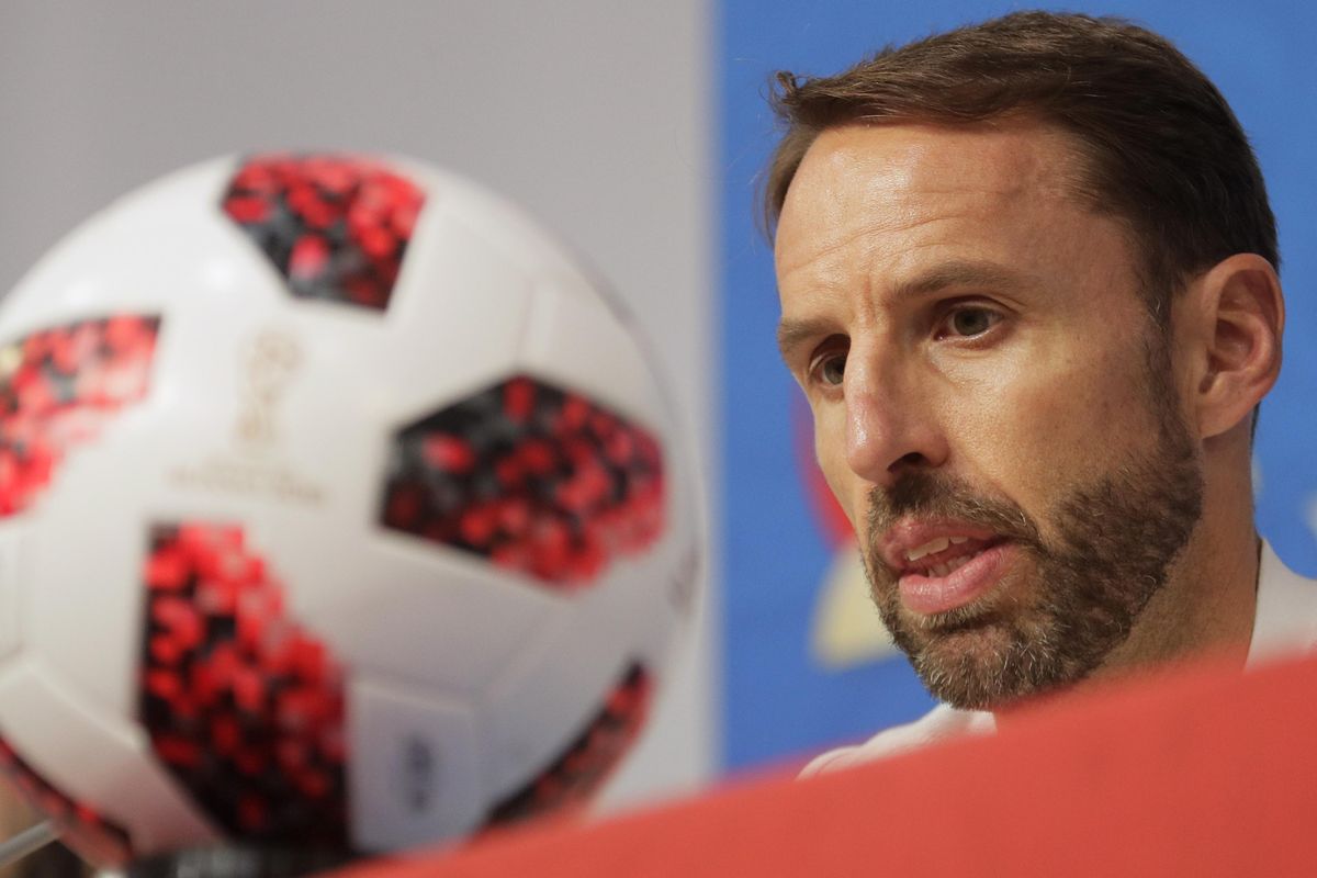 England head coach Gareth Southgate speaks during a news conference in St. Petersburg, Russia, on Friday,  the eve of the World Cup third-place match  against Belgium. (Dmitri Lovetsky / AP)
