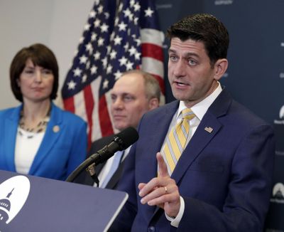 FILE – Speaker of the House Paul Ryan, R-Wis., joined from left by, Rep. Cathy McMorris Rodgers, R-Wash., and House Majority Whip Steve Scalise, R-La., meets with reporters following a closed-door Republican strategy session on Capitol Hill as they face how to deal with President Donald Trump's impending trade tariffs, in Washington, Tuesday, March 6, 2018. The Associated Press is reporting that Ryan has told some other House members that he will not run for re-election. (J. Scott Applewhite / Associated Press)