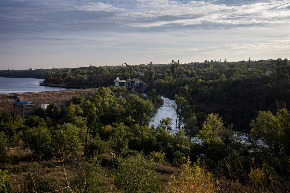 A dam and hydroelectric facility on the Inhulets River in Kryvyi Rih, Ukraine on Wednesday, Sept. 15, 2022, the day after a Russian cruise missile strike damaged it. Underlining Russia