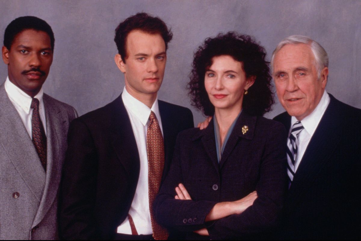 Denzel Washington, Oscar winner Tom Hanks, Mary Steenburgen and Jason Robards in director Jonathan Demme’s 1993 film “Philadelphia.”  (Ken Regan)