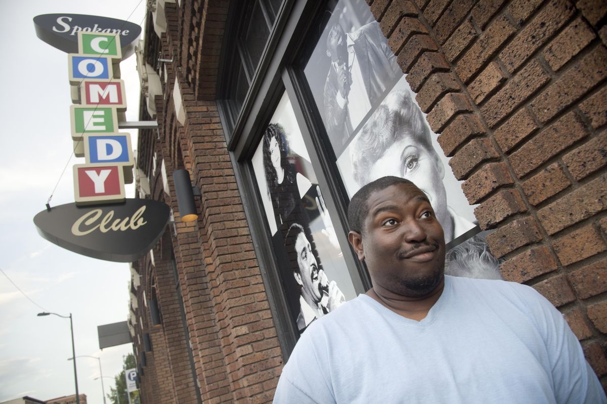 Harry Riley Jr., a comedian based in Spokane, stands outside the Spokane Comedy Club, a venue where he  sometimes works on his material in front of an audience, Sunday, July 17, 2016. (Jesse Tinsley / The Spokesman-Review)