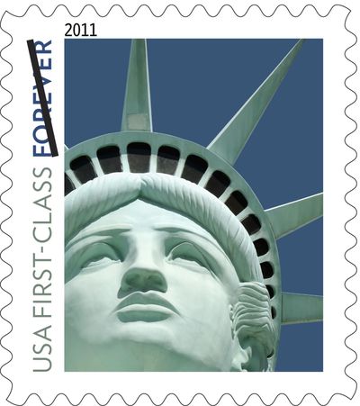 This undated handout image provided by the US Postal Service shows the Lady Liberty first class postage stamp. Just as the post office was hoping to promote going green, it finds itself red-faced. It turns out that a first-class stamp featuring the Statue of Liberty actually is based on a photo of a Las Vegas replica of the statue. (Associated Press)