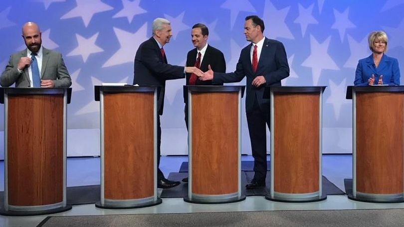 Republican candidates for Congress in Idaho’s 1st District react after their debate ended at the Idaho Public Television studio on April 27, 2018; from left are Luke Malek, David Leroy, Michael Snyder, Russ Fulcher, and Christy Perry. (Betsy Z. Russell / The Spokesman-Review)