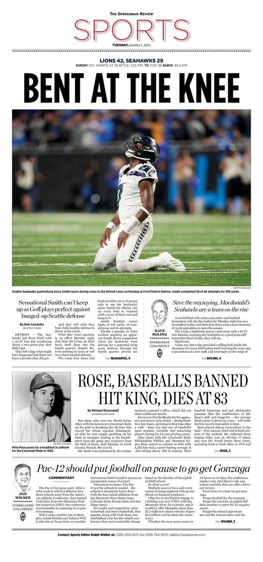 Sports Front Page for Oct. 1, 2024 The SpokesmanReview